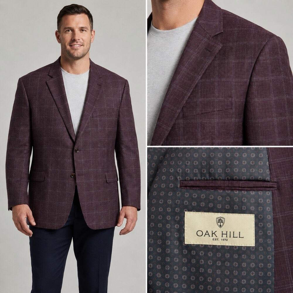 Oak Hill Burgundy Windowpane Sport Coat Blazer 58R 4XL Big Tall Quiet Luxury - Picture 1 of 14